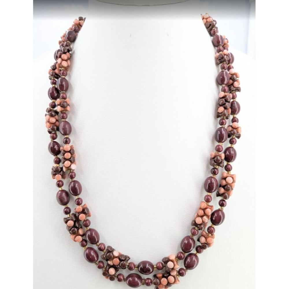 Long Necklace Burgundy Peach Brown Plastic Beads Single Strand Endless 48in 50g